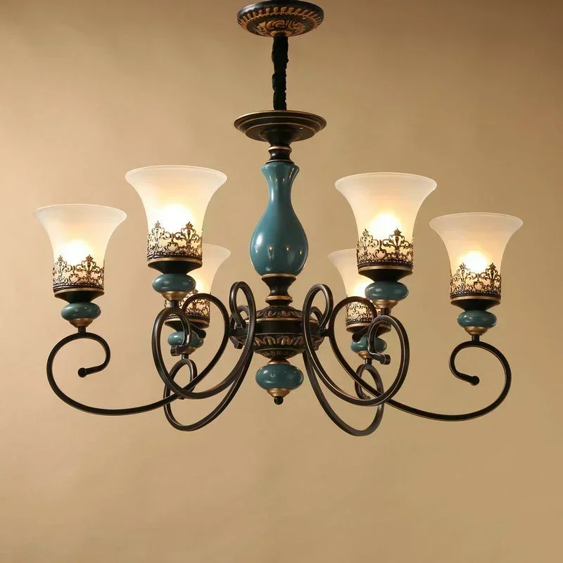 

European Vintage Ceramic Chandelier Lights Living Room Bedroom Antique Classic Design Metal Iron Arm Glass Lampshade Luminaire