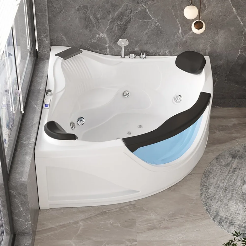 Triangle Corner Whirlpool Massage Bathtub Acrylic, 2 Person Heated Spa Tub Smart Thermostatic Home Luxury Villa Bath Indoor Use
