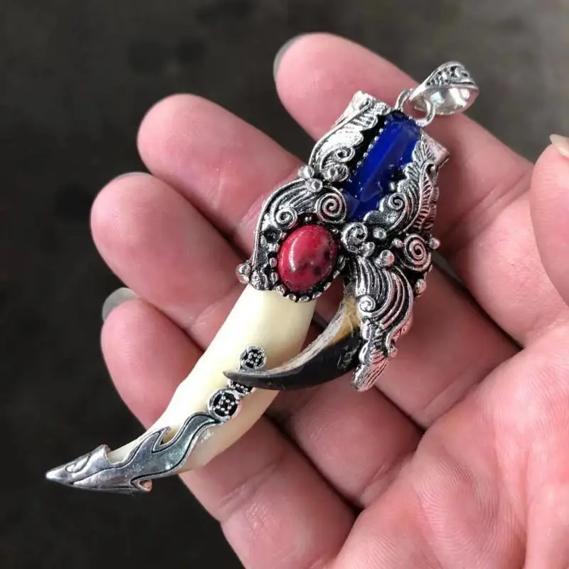 China Cloisonne Tibetan Silver Wild Boar Tusks Teeth Taxidermy Amulet tatue