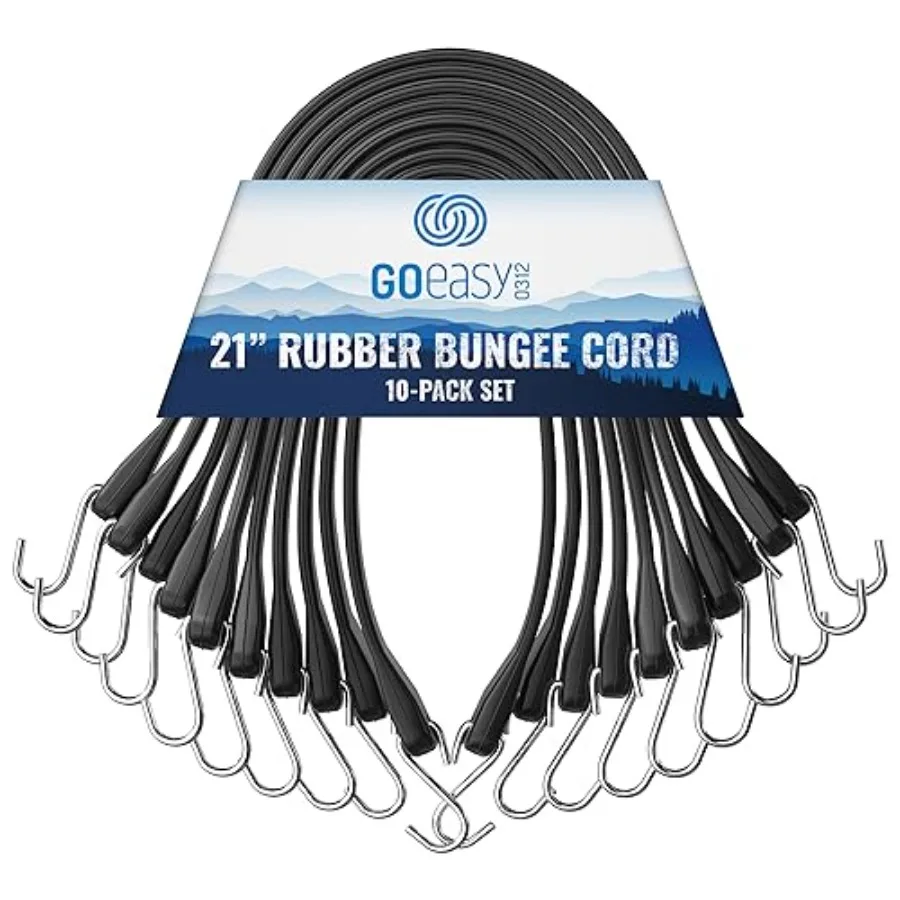 

Rubber Bungee Cords with Hooks Heavy Duty 21" - for Outdoor Extreme Weather Over 180 LBS Load and Max Stretch 1.8X 100% EPDM Bu