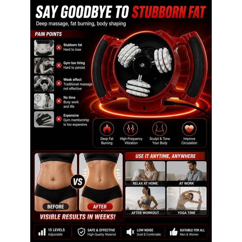 The new 360-degree 15-intensity vibration massager handheld fitness inner roller to dilute cellulite, relax muscles, lift hips,