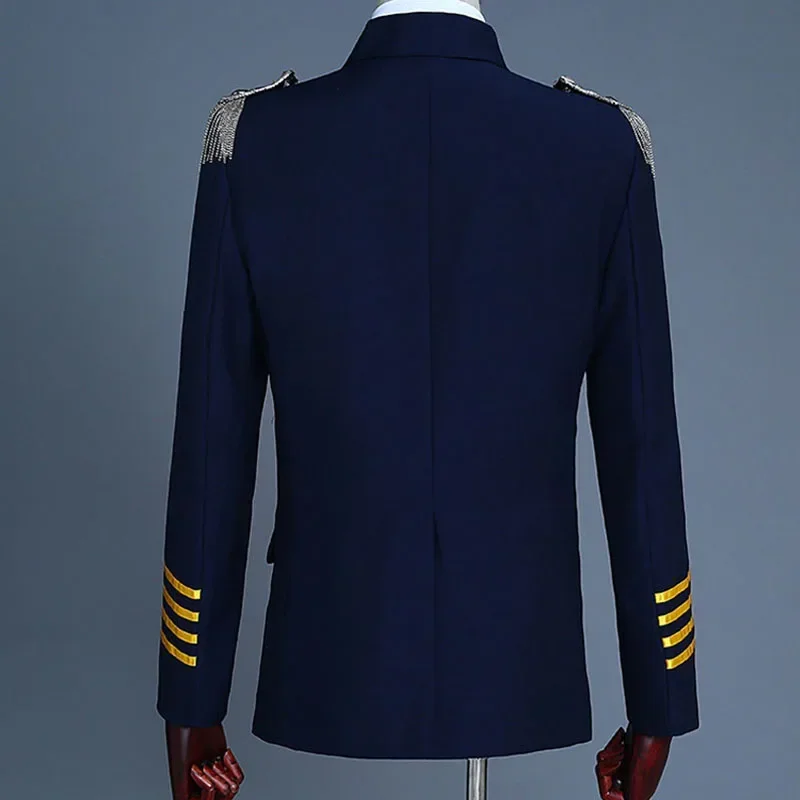 2025 nueva Marina capitán oficial marinero Peacoat disfraz chaqueta para hombre traje militar flecos chaqueta de banda de marcha uniforme para Adul abc