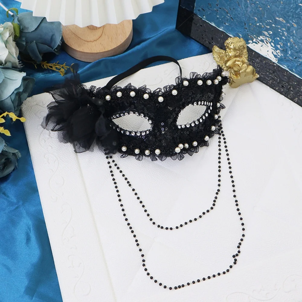 Masque de mascarade de princesse de venise, demi-masque en dentelle de perles raffinées, masque à fleurs latérales, masques de fête légers pour mascarade Cosplay