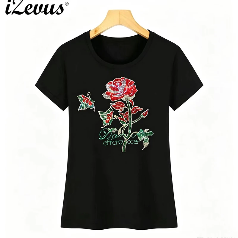 2026 Summer New fashion hot diamond women's ice silk cotton round-neck short-sleeved casual T-shirt with rhinestone flowers