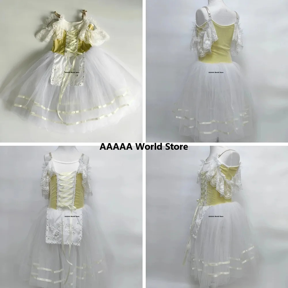 

Light Yellow Adult Ballet Tutu Dress Women Long Ballerina Skirt Giselle Performance Dance Costume for Cosplay
