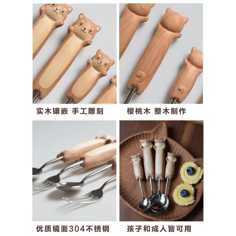 Shiba Inu Spoon and Fork Set, Children's Cute Cartoon Rice Spoon, Salad Pasta Dessert Solid Wood Fork