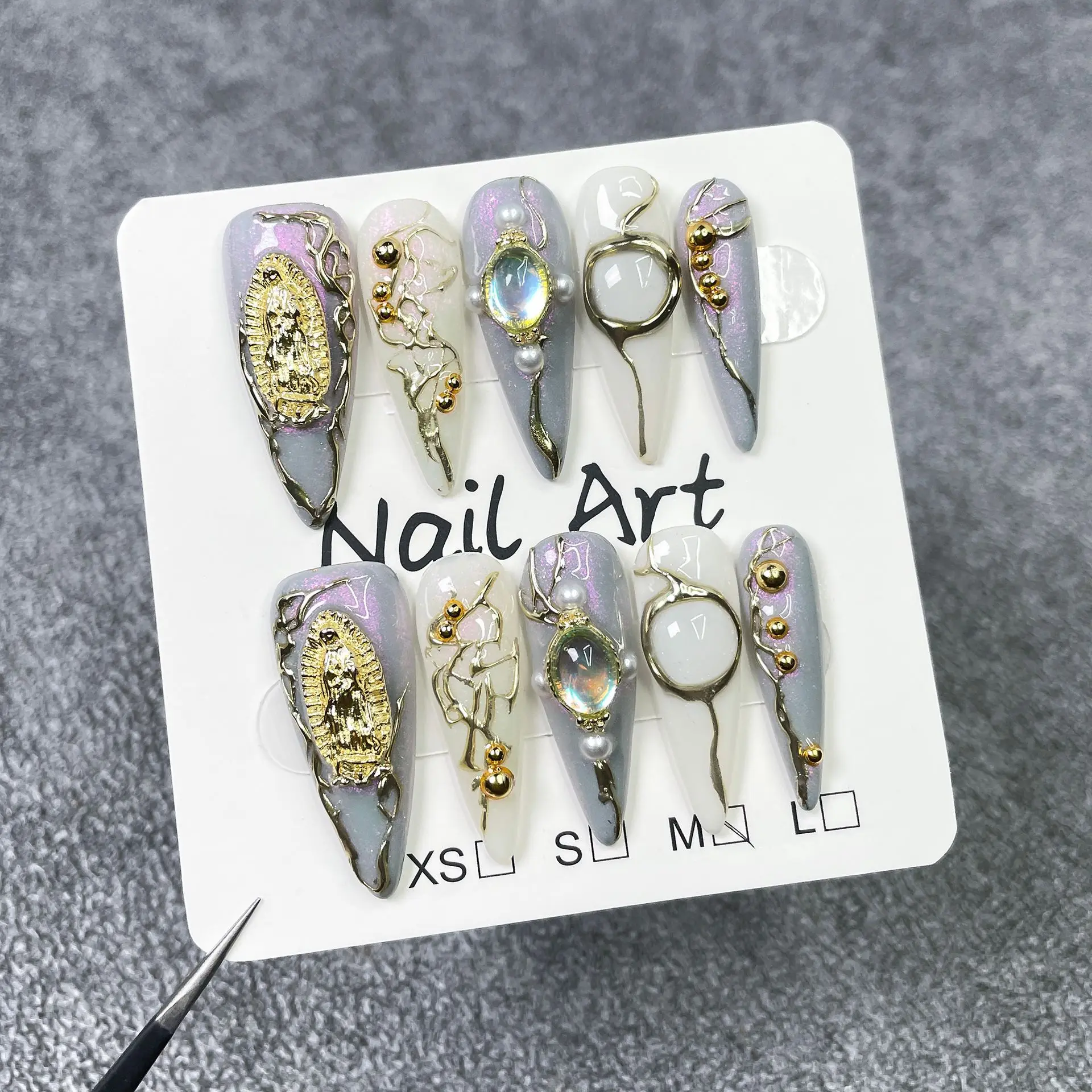 10 قطع طويلة خنجر اليدوية مجموعات الأظافر كاذبة الوردي لطخة اللوز الأظافر نصائح زهرة الماس وهمية مسمار الفن الفرنسية الصحافة على الأظافر