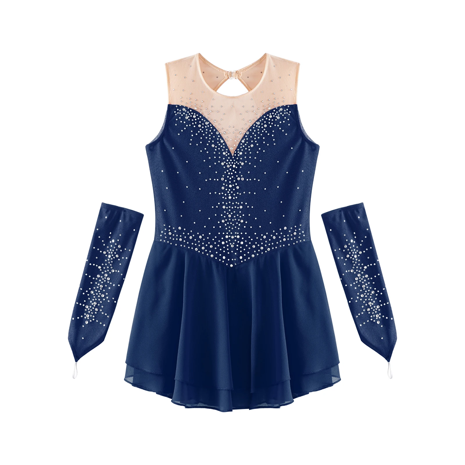 Kinder Mädchen Eiskunstlauf Kleid Mesh ärmellose Strass Ballett rhythmische Gymnastik Trikot Kleid Handschuhe Set Ballsaal Tanz kleidung