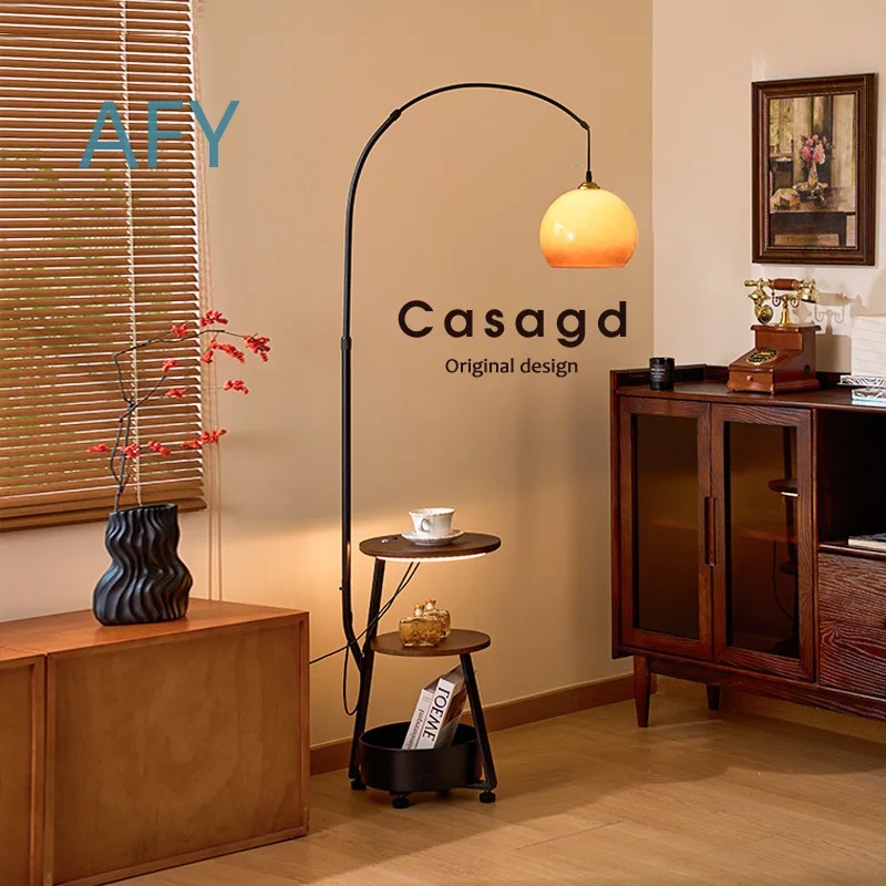 Vintage Floor Lamp for Bedroom Living Room Sofa Side Table with Hidden Ambient Lighting Teak Wood Style Retro Fishing Lamp
