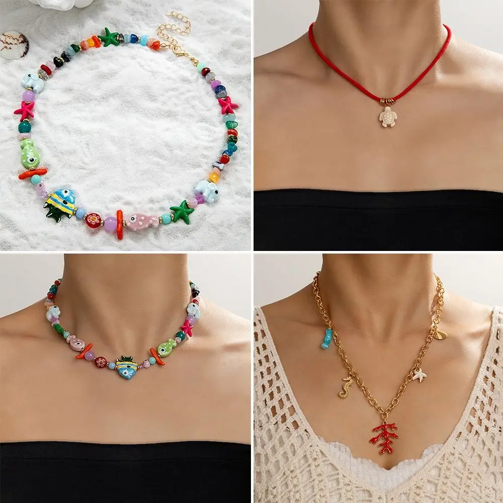 Length Adjustable Women Necklaces Ocean Elements Vacation Style Resin Beaded Necklace Casual Jewelry Beach Wind Neck Accessories