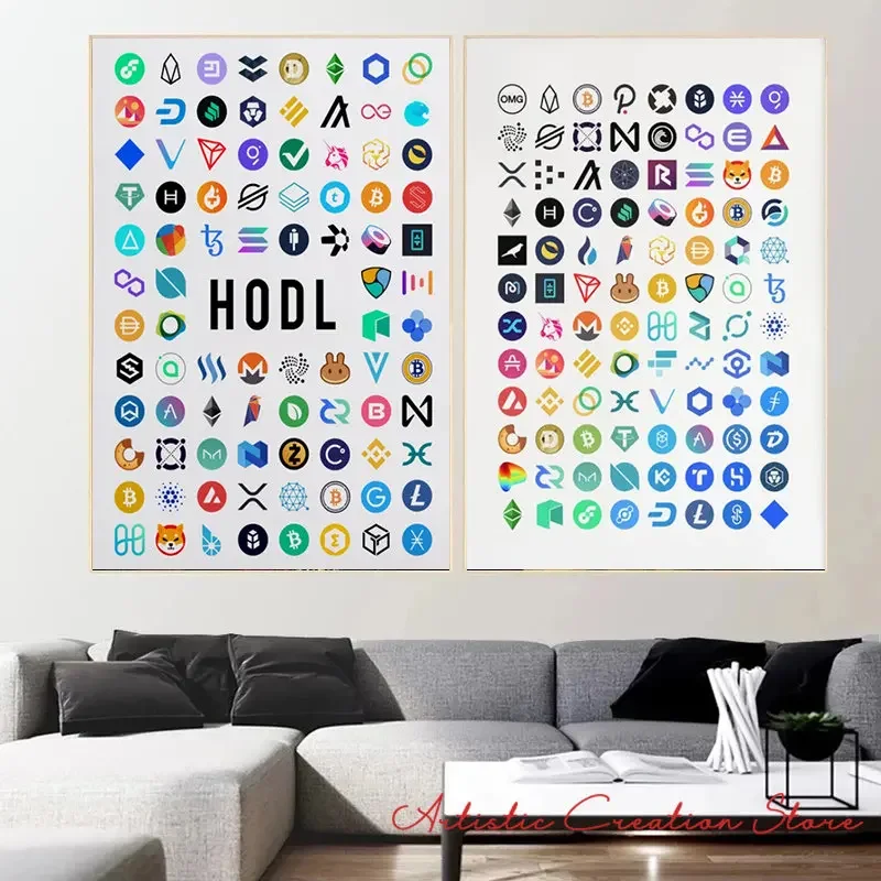 Bitcoin Art Posters Cryptocurrency Logo Framed Canvas Print Bitcoin Ethereum Ripple Litecoin Graphic Wall Pictures Home Decor