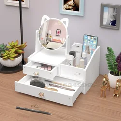 Home Dressing Table with Lovely Cats Mirror, Rotate Makeup Organizer, Nail Polish Brush, Jewelry Storage Box