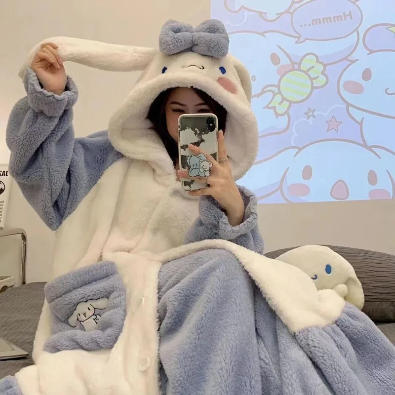 

New Miniso Sanrio Cinnamoroll Cartoon Anime Coral Velvet Medium Long Robe Winter Plush Thickened Set Home Clothes Women's Gift