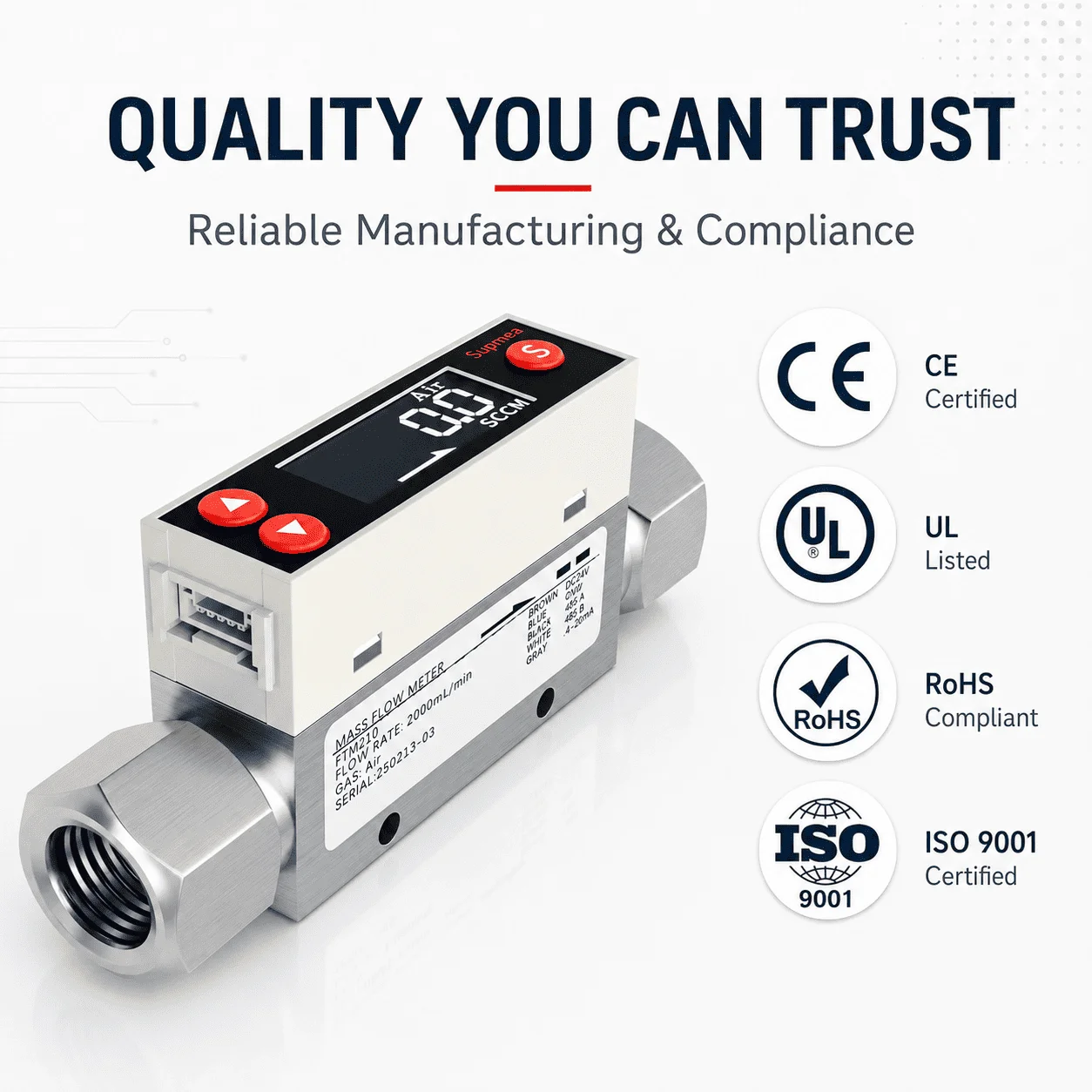 Inline Micro Gas Flowmeter Thermal Mass Flow Sensor 4-20mA RS485 Modbus Output for Gas Delivery Monitoring
