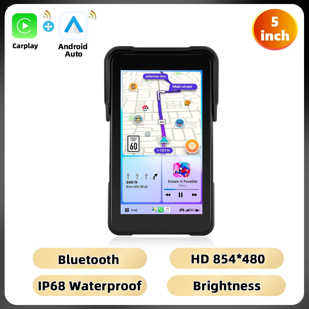 Podofo 5 ''verticaal scherm motorfietsmonitor Carplay Android Auto IP68 waterdichte helderheidsaanpassing BT Smart Screen-speler - afbeelding 1
