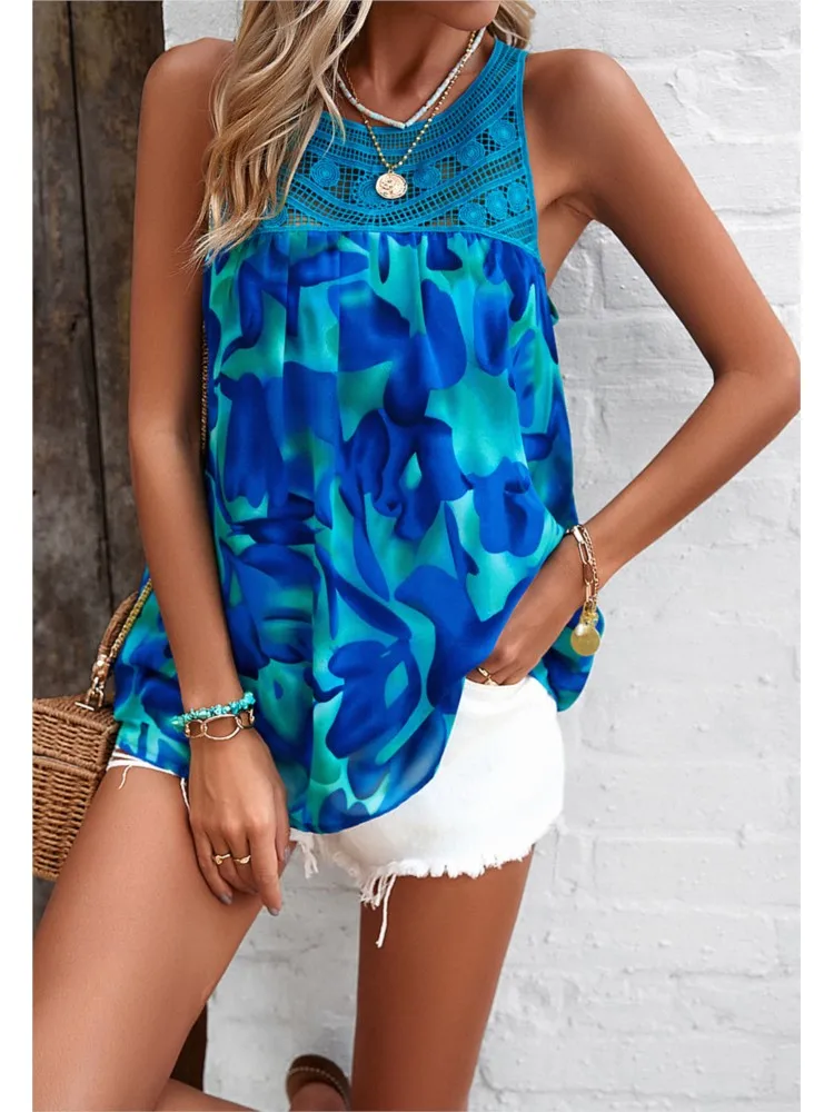 

Spring Summer New Women's Fashionable Printed Sexy Sleeveless Hollow Lace Patchwork Casual Round Neck Chiffon Top