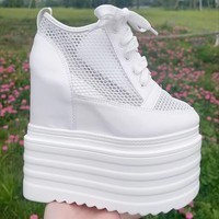Breathable Mesh Women’s Platform Shoes 2025 Summer High Heels 14cm 16cm Female Sneakers Women White Black Shoes Summer Sneaker
