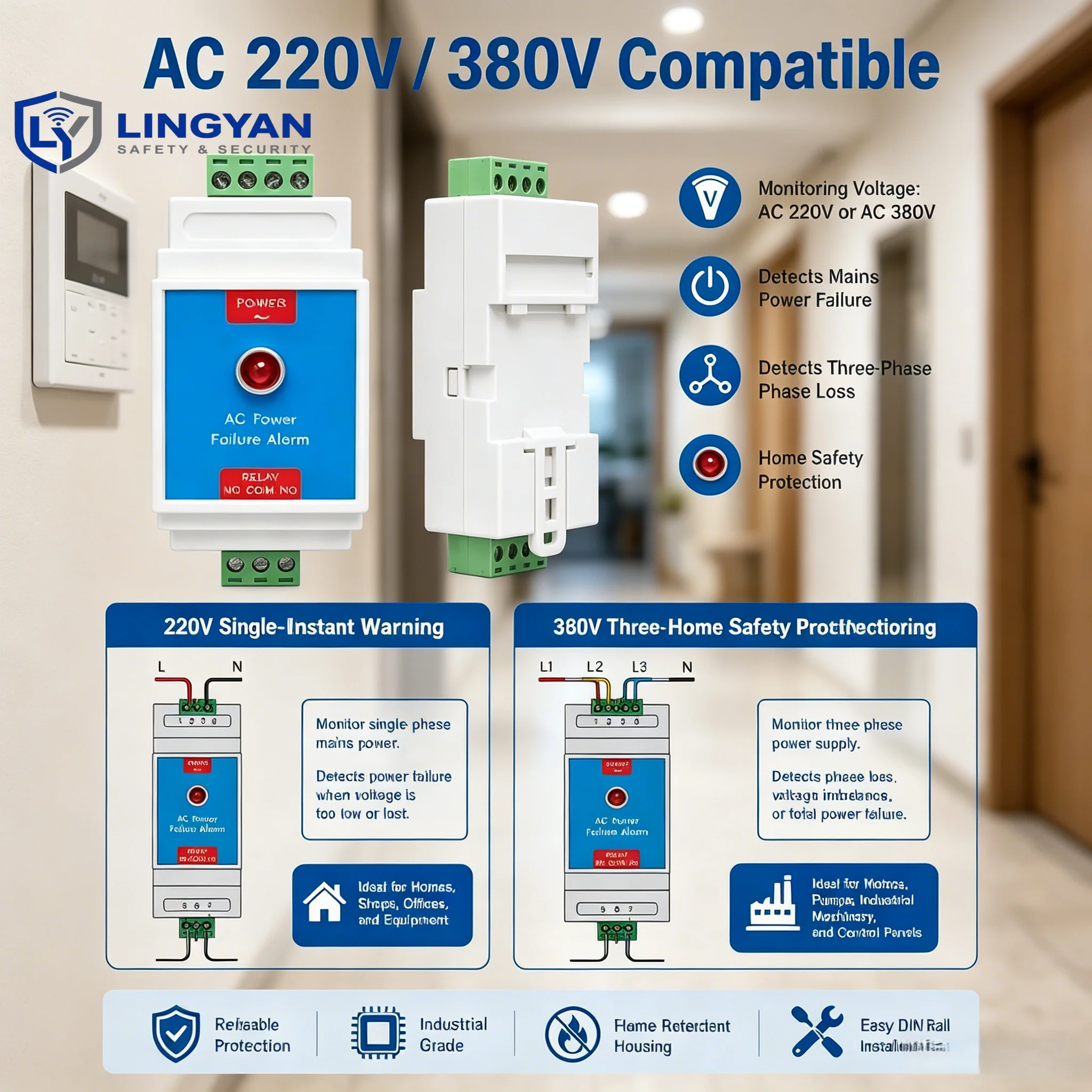 Phase Loss Monitor, AC 220V/380V power failure alarm sensor, dry contact relay output for DIN rail installation