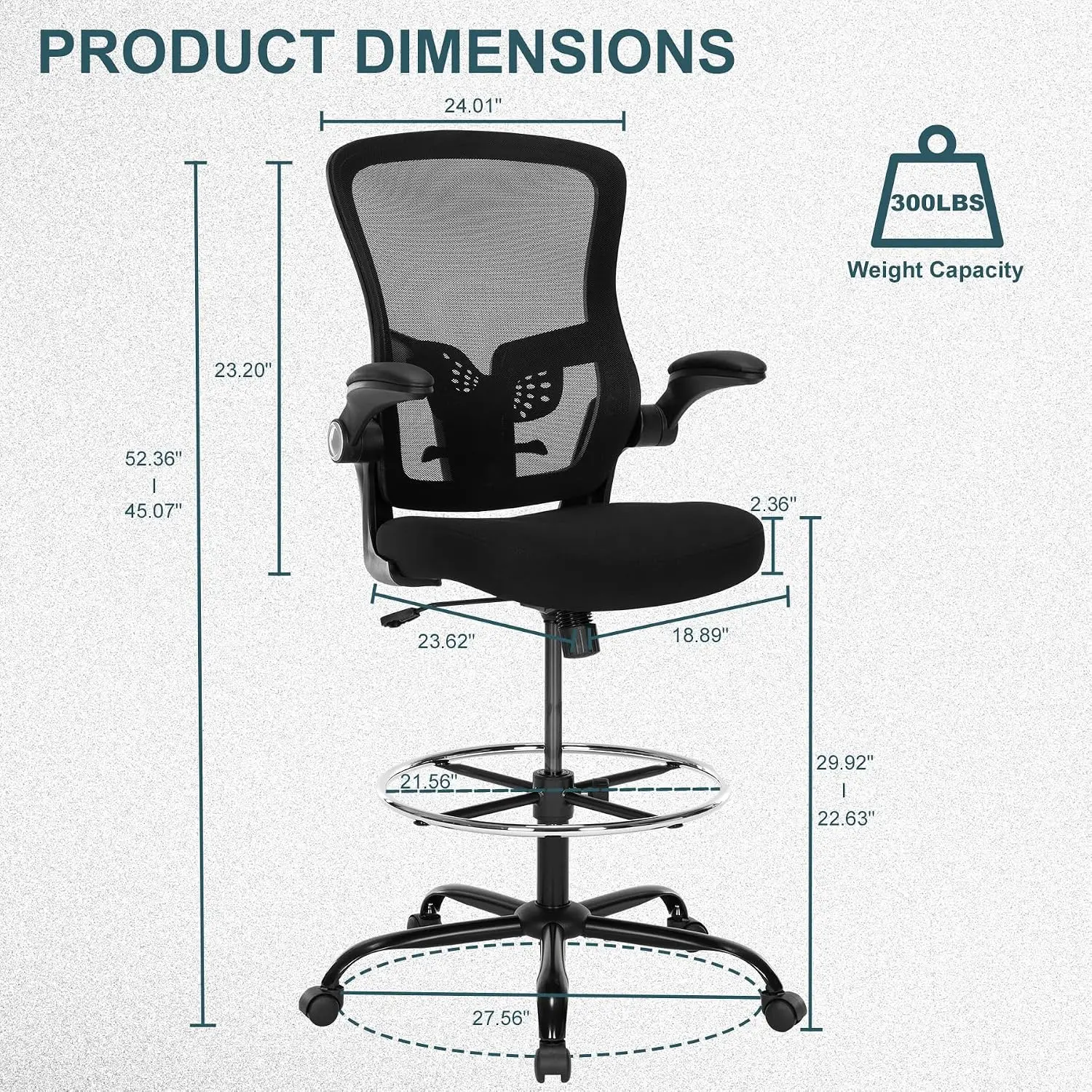 Ergonomic Drafting Chair – Tall Office Chair for Standing Desk, Adjustable Height Mesh Chair with Footrest and Flip-Up Arms, Cou