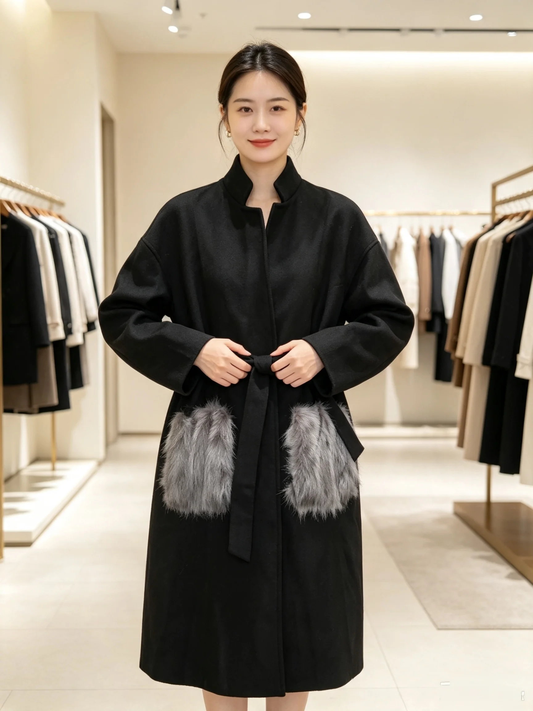 Women Autumn Winter Coats Jackets  Wool Coat Fur Pocekts Long Parka Warm Outwear Spring casaco feminino