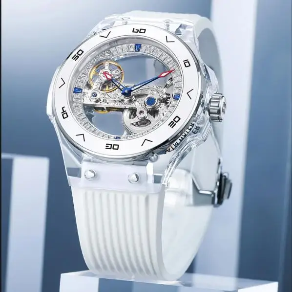 HANBORO, reloj de lujo para mujer, relojes para mujer, reloj de pulsera mecánico automático, caja acrílica transparente resistente al agua, bisel de cerámica