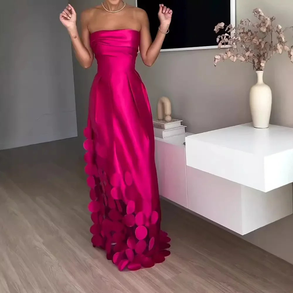 Femmes élégantes 3D robe de soirée florale sans bretelles Satin invité de mariage fête Club Cocktail Maxi robes pour les femmes 2025