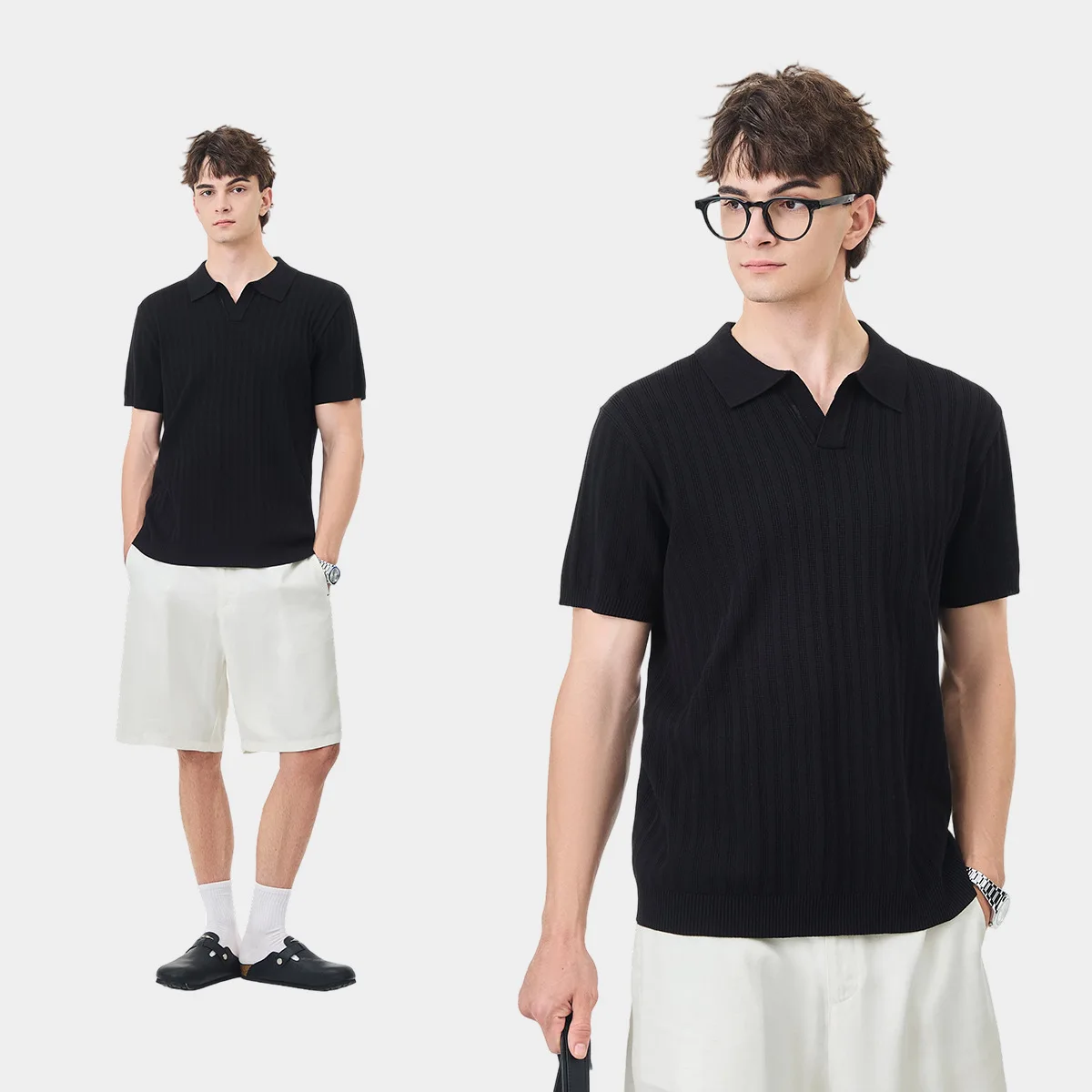 Summer Old Money Shawl Collar Textured Hollow Out Knit Polo Shirt Men's Casual Top