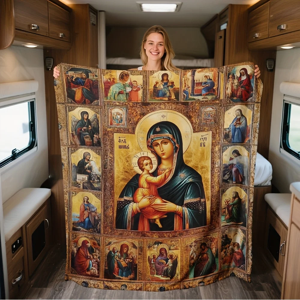 Byzantine Icon Virgin Mary Christ Religious Art Flannel Throw Blanket Soft Fleece for Sofa Bed RV Travel Gift