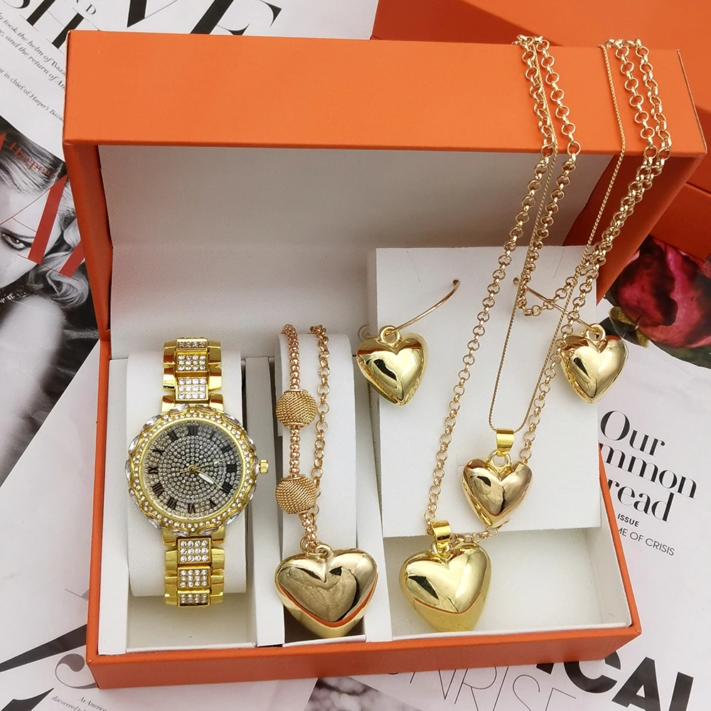 Fashion Luxury Women Bracelet Watches Ladies Gold Diamond Quartz Womens WristWatch Clock Heart Necklace Women Party Jewelry Set