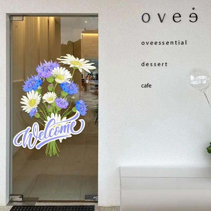 Welcome English Little Flower Glass Door Bouquet Anti Collision Stickers Milk Tea Cake Dessert Clothing Store Window Decoration