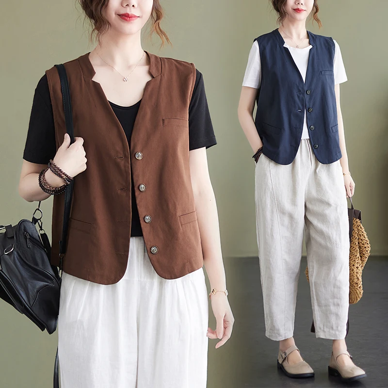 

Женский льняной жилет ort Svel V-Ne, новинка лета, верхняя одежда Sle 2022, верхняя одежда на пуговицах, однотонная рабочая одежда