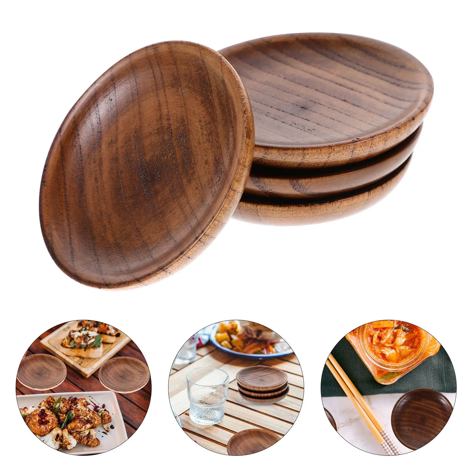 4Pcs Compact Wooden Sauce Dishes Small Round Dipping Bowls Elegant Simple Design for Soy Sauce Mustard Chili Oil Ginger Garlic