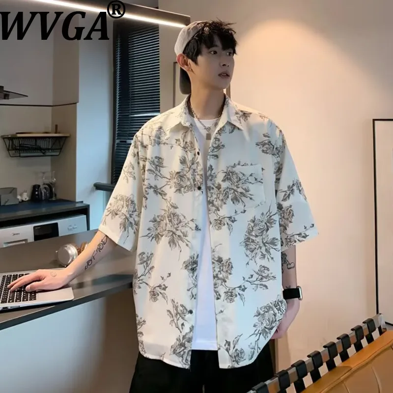 

WVGA Summer New Man Tide Lightweight Printed Trendy Short Sleeve Shirts Niche Chic Casual Oversized Turn-Down Collar Tops W21434