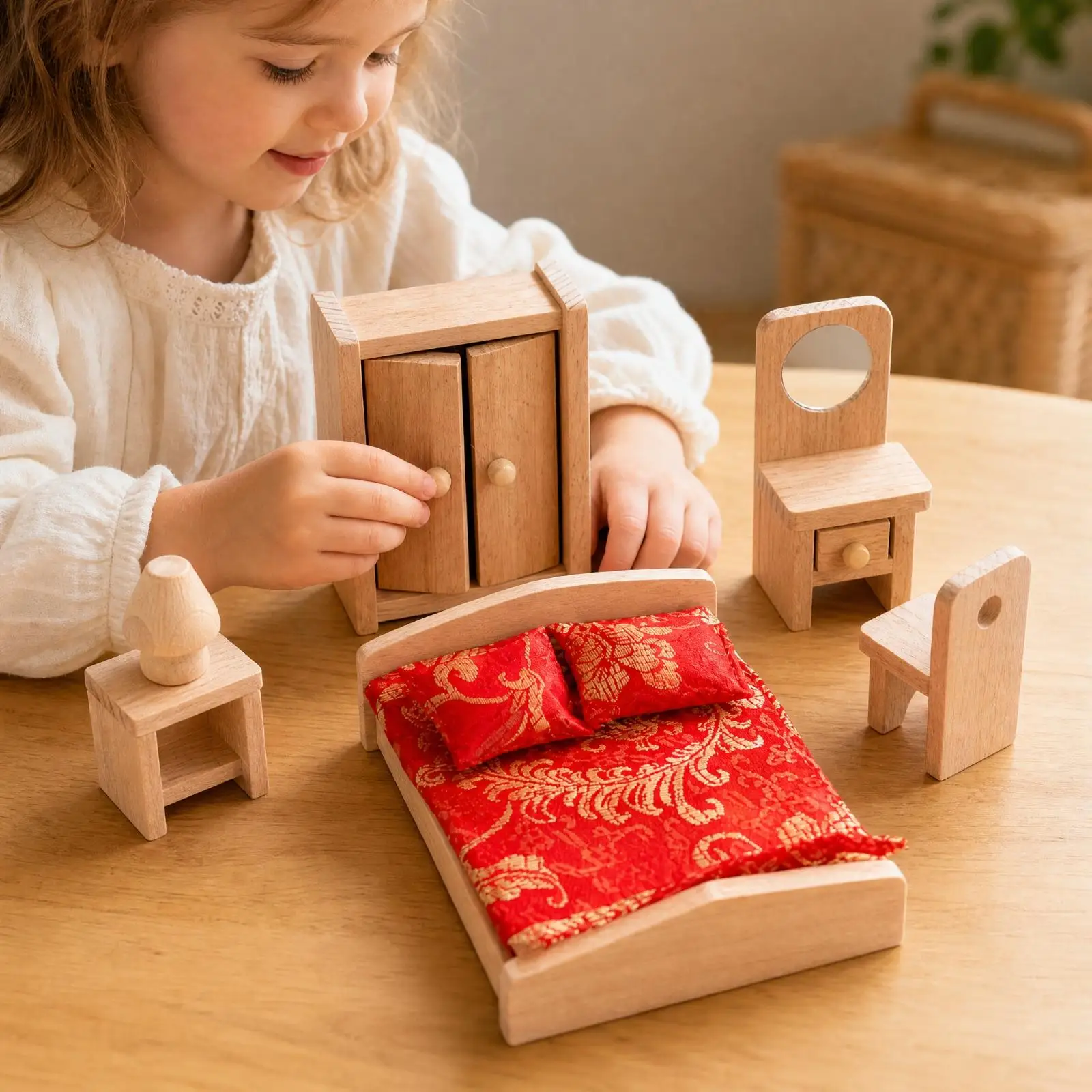 Kids Wooden Kitchen Playhouse Toy with Dollhouse Furniture Accessories for Creative Role Play Fun