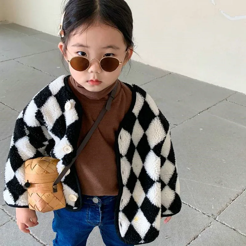 

Girls Outerwear Korean Children Clothing 2025 Autumn and Winter New Fashion Fleece Plaid Wool Warm Lamb Wool Casual Jacket