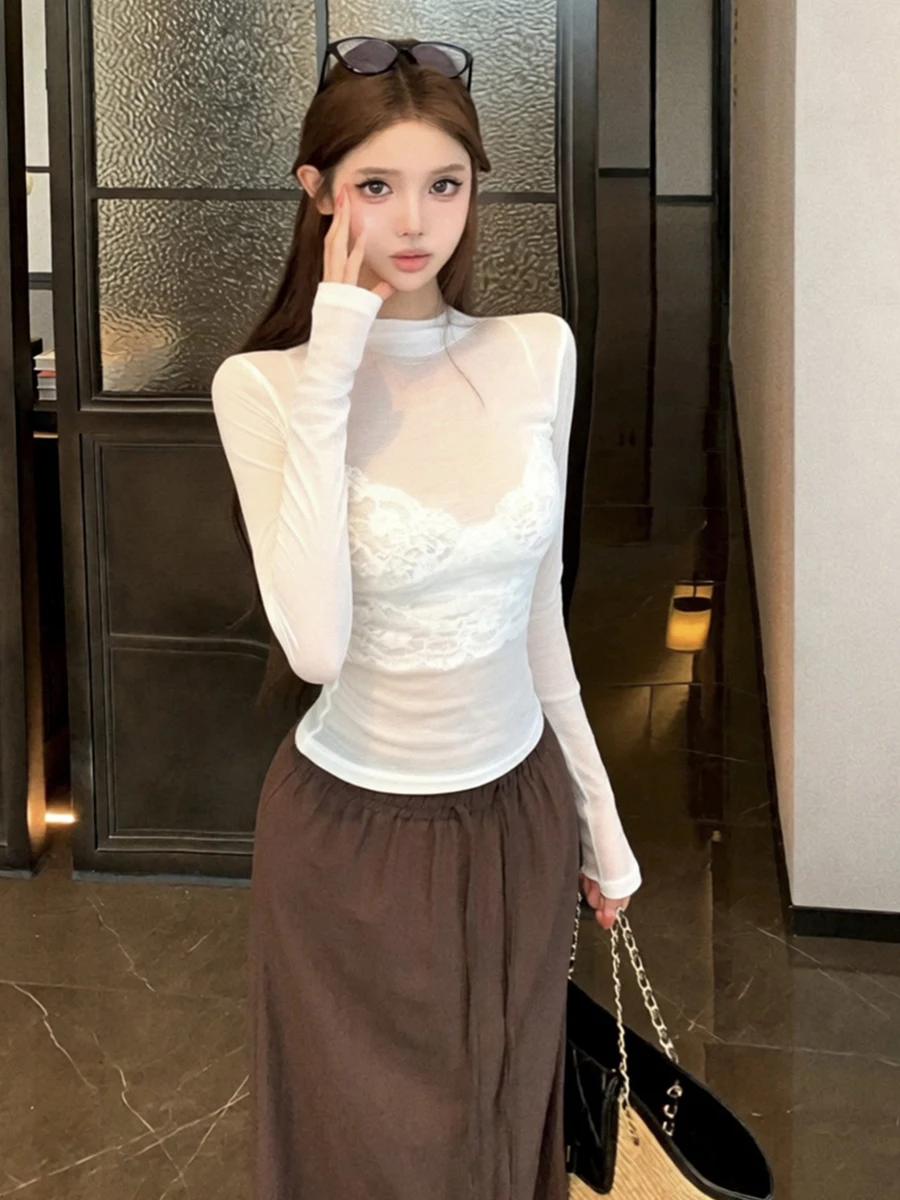 Sexy Pure Desire New Style No Need for Underwear Silk Micro Translucent Long Sleeve Lace Bodice Slimming Slim Fit Base Top
