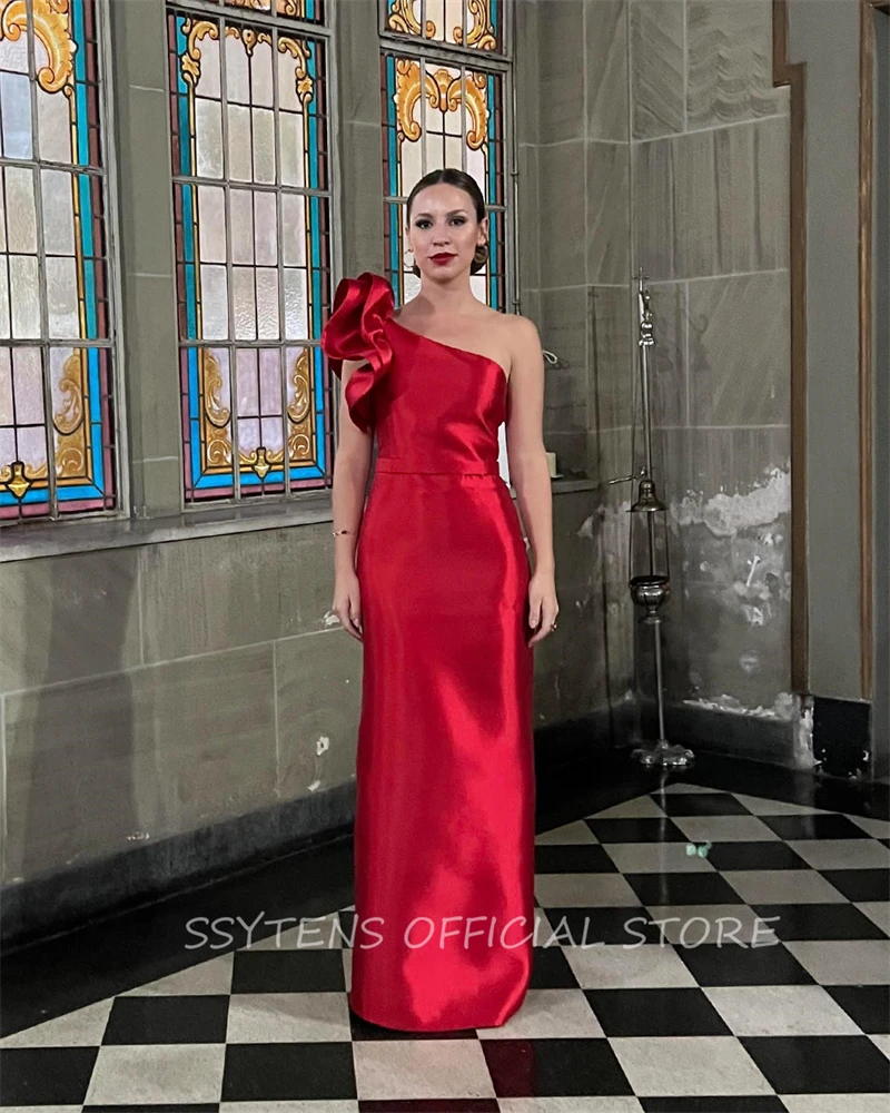 Elegante rote lange gerade Ballkleider für Frauen Satin eine Schulter Burgunder Falten ärmellose Abendkleid Kleid Robe de Soirée