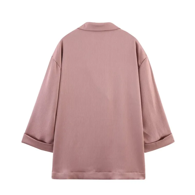 ชุดกางเกงขายาวเอฟเฟกต์ย่นเปลือก ชุดนอน 2 ชิ้น สไตล์ซาตินกระดุมสองแถว เสื้อกีฬา ชุดกางเกงขายาวเอวสูง