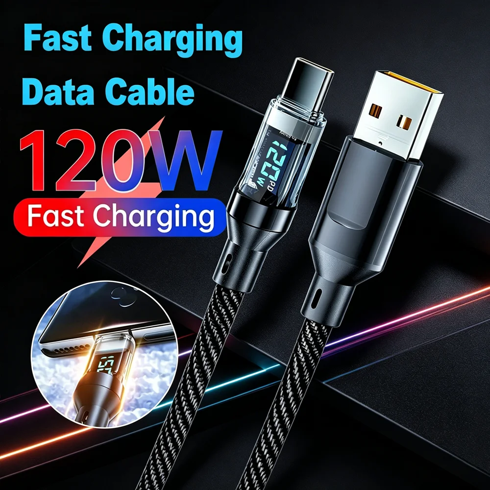 120W USB to Type C Cable LED Digital Display Quick Charge USB C Data Cord 1/1.5/2M Portable PD Fast Charge Line For Home Office