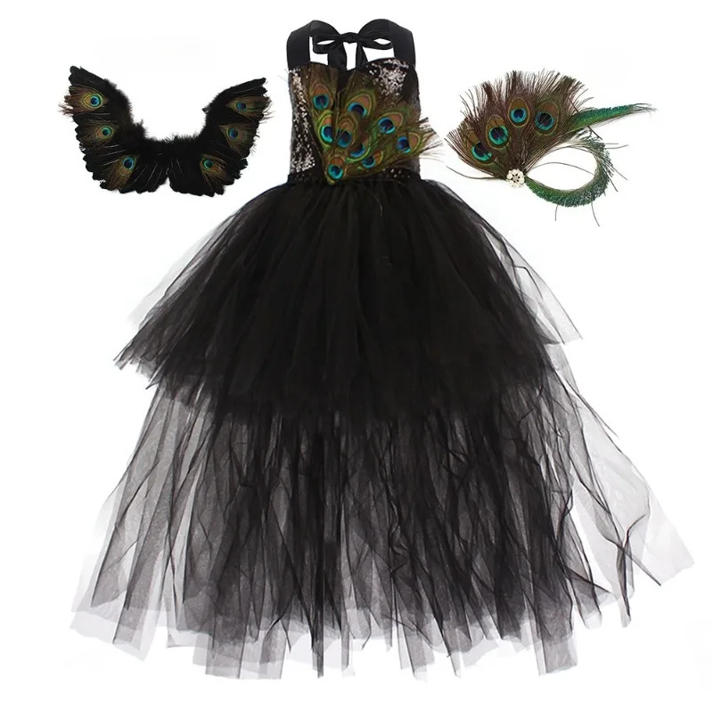 Black Sequin Tulle Prom Dress for Girls, Peacock‑Style Pageant Dress for Kids,Halloween Trailing Long Gown for Party Performance