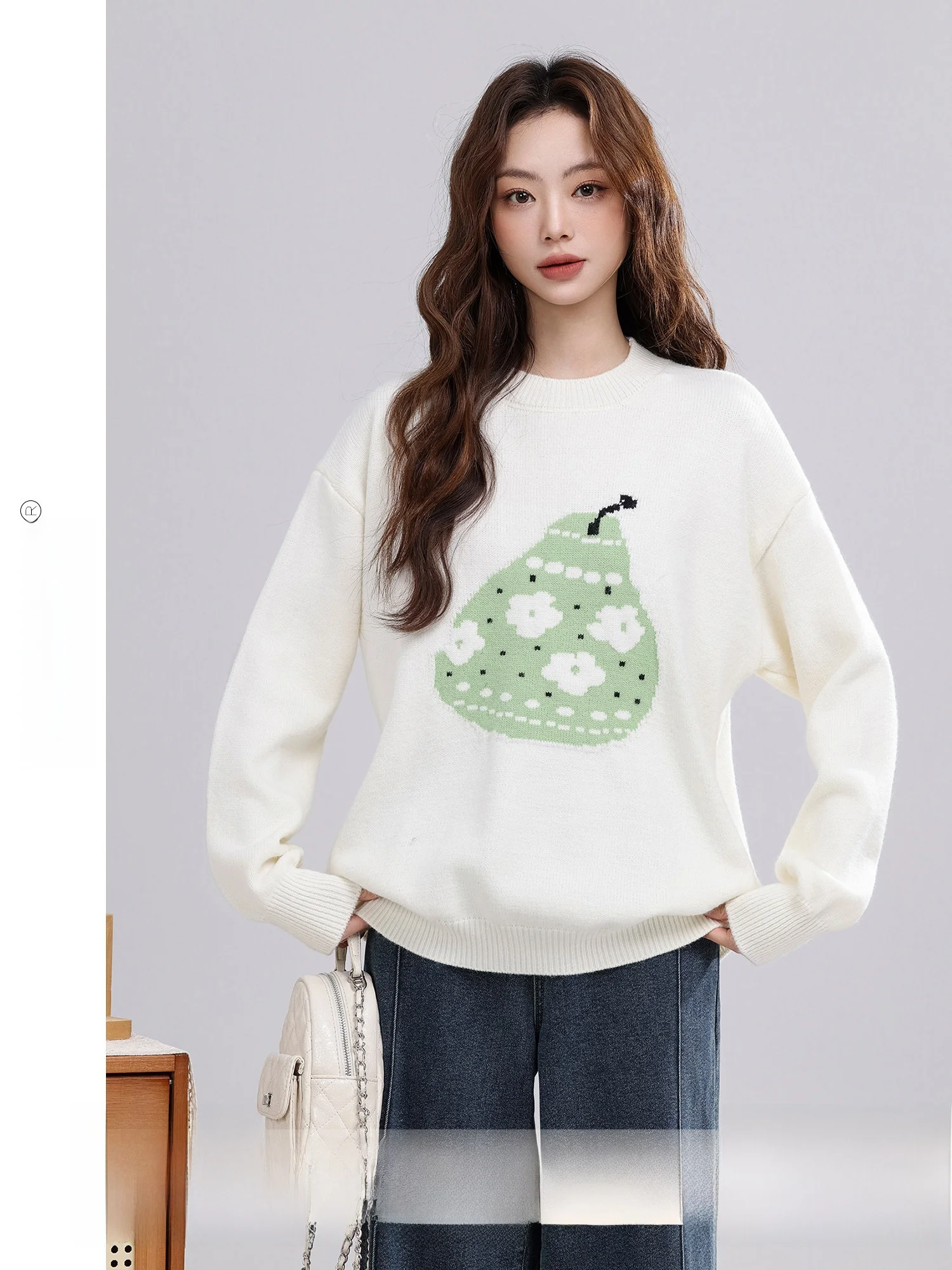 

Autumn Winter Loose Fit round Ne Sweater Women's Simple Sle Commute Friendly New Arrival 2025 Pear Blossom Light Flower