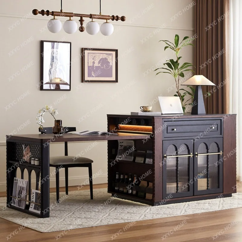 Retro solid wood island dining table integrated retractable small apartment medium and ancient style multi-functional home