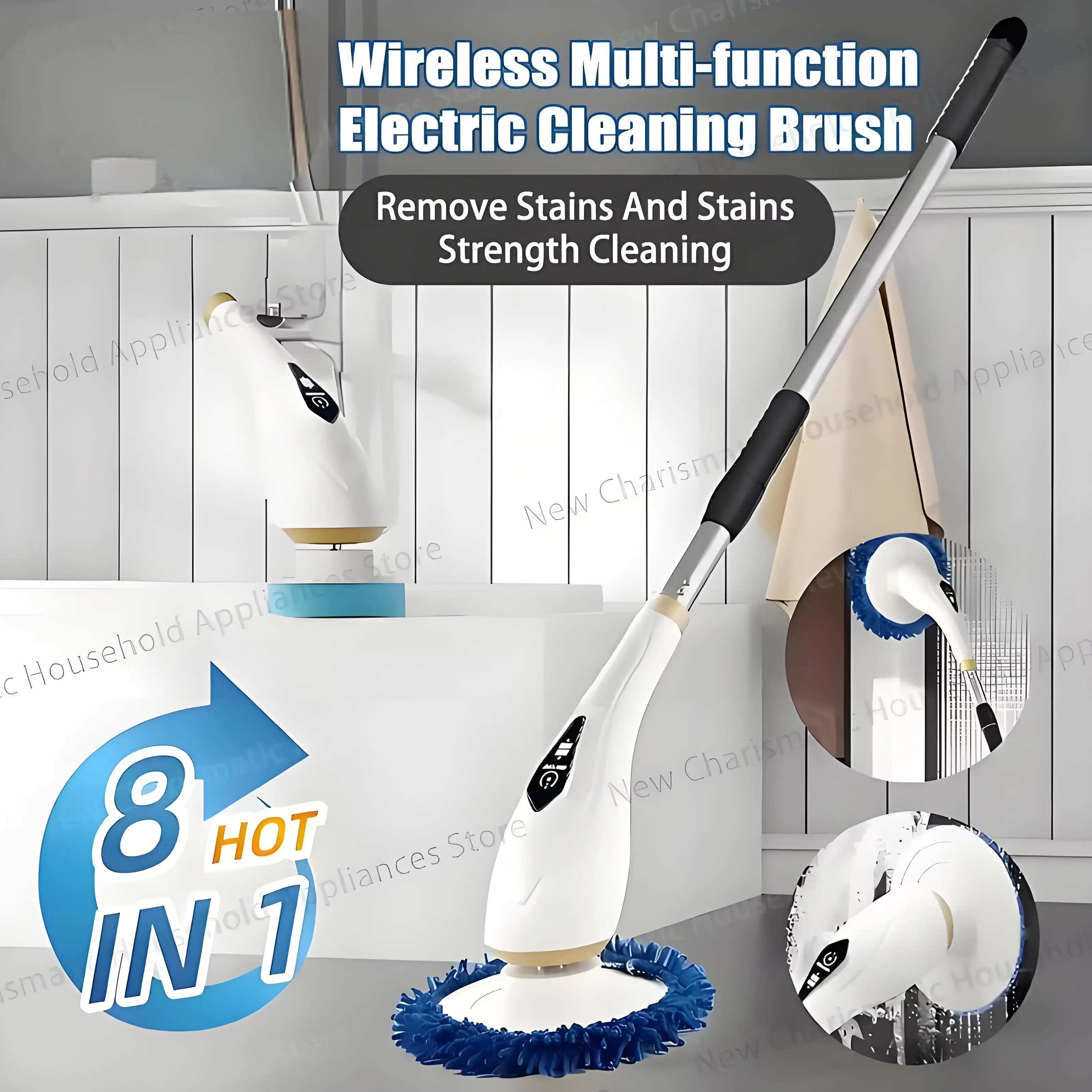 فرشاة تنظيف كهربائية جديدة 8 في 1 لاسلكية تلسكوبية محمولة باليد أرضية المطبخ والحمام 8 رؤوس منظف نظيف