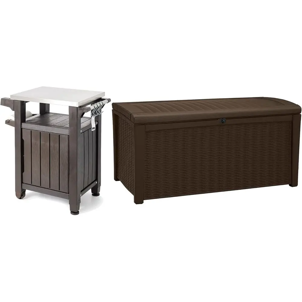 

40-галлонная верхняя тележка для гриля из нержавеющей стали с коричневой пластиковой коробкой для хранения на палубе 110 галлонов