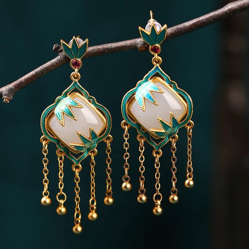 1 Pair Girls Bead Tassel Earrings gold-plated Drop Earrings Decorative Chinese Style Ear Jewelry Party Dangle Earrings for Women