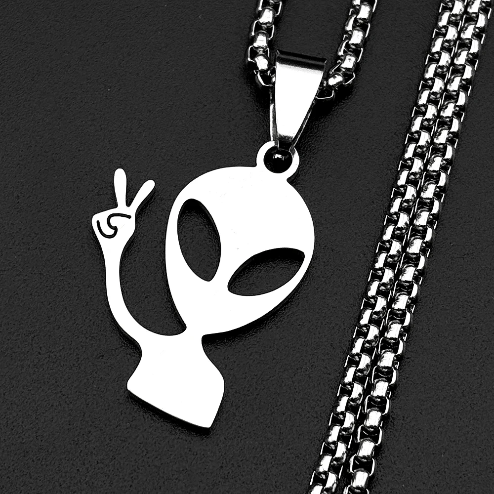 Lustige Alien-Anhänger-Halskette für Damen und Herren, Edelstahl, silberfarben, Goth-Streetwear, Rapper-Schmuck, Ketten-Accessoire – Detail 7