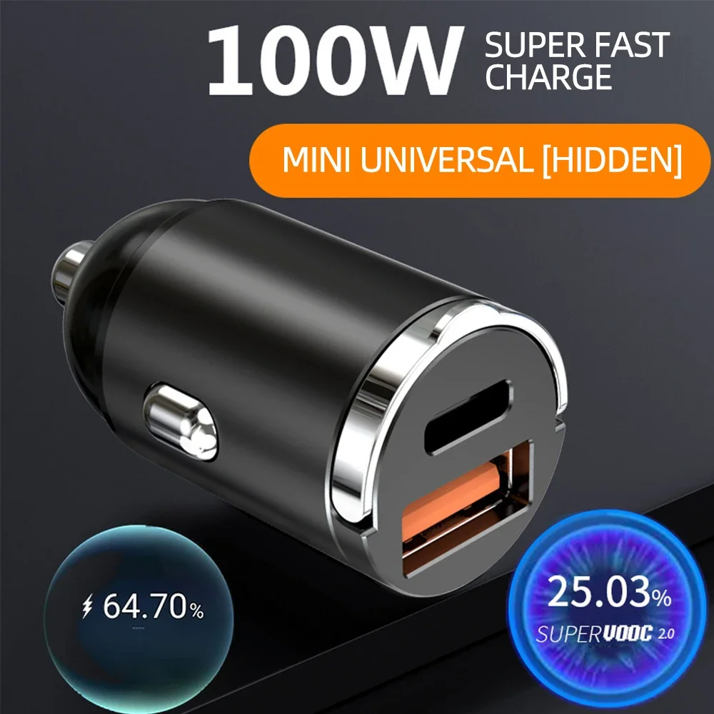 100W USB Car Charger Quick Charge QC3.0 Dual Port Cigarette Lighter PD QC Pull Ring Fast Charging For iPhone Xiaomi Mobile Phone