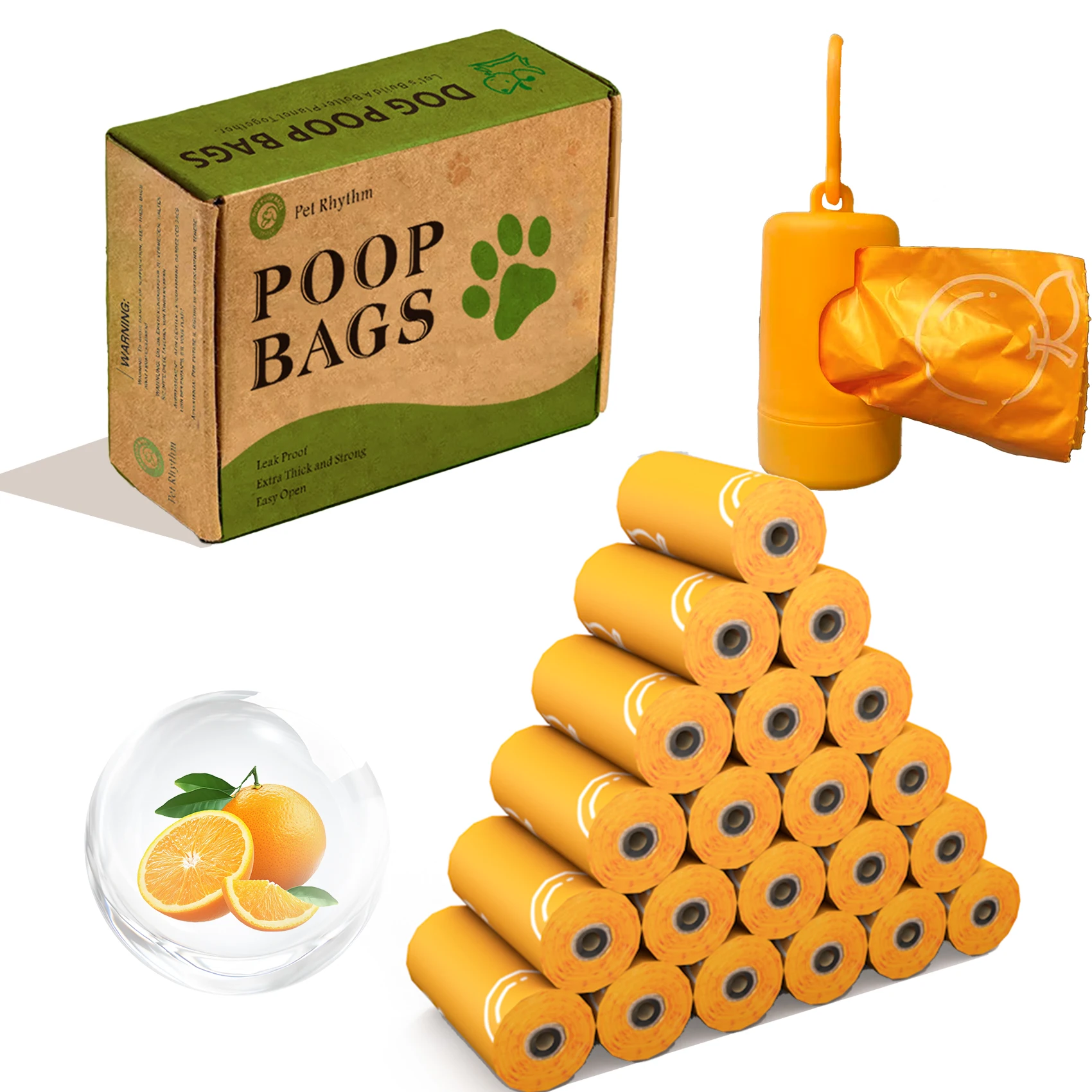 Sacos fotodegradáveis de cocô de cachorro laranja com fragrância de laranja e saco de lixo engrossado para fezes de animais de estimação com dispensador
