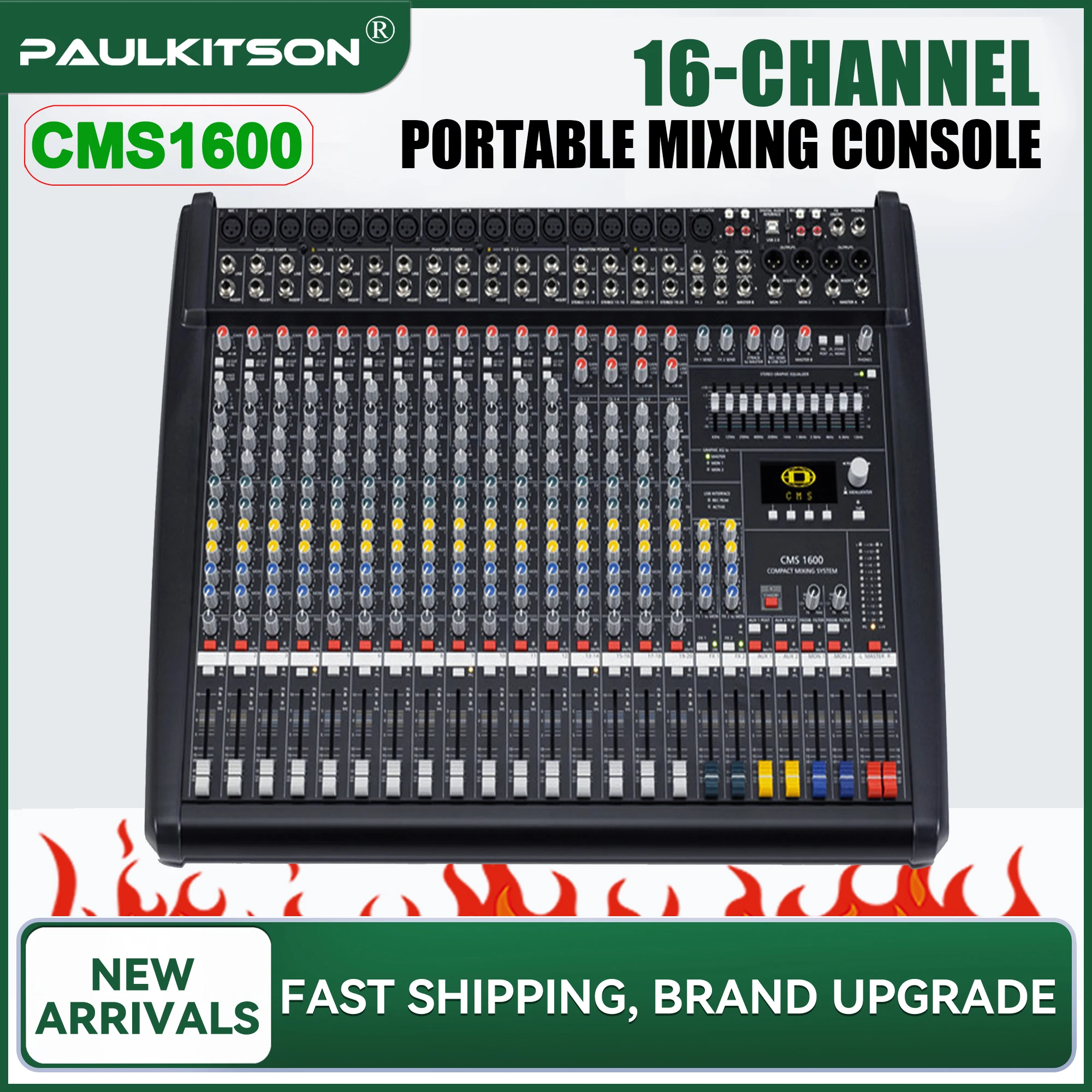 Paulkitson CMS1600-3 Audio-Mischpult mit 99 integrierten Effekten, 16 Kanälen, 48V Phantomspeisung für Bühne, Karaoke, Band, DJ-Show