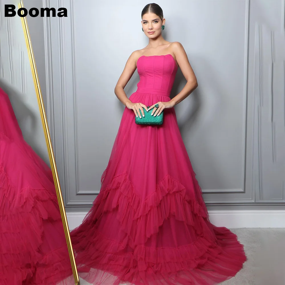 

Booma A-Line Formal Gowns Strapless Tiered Tulle Wedding Guest Dress for Women Elegant Evening Dresses Long Party Prom Gowns